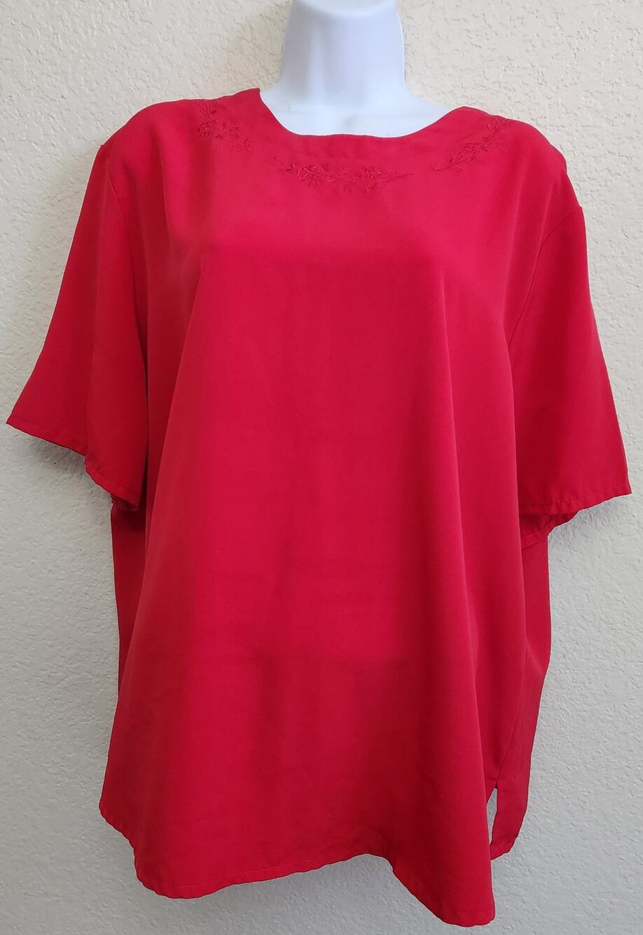 Modern Essentials Red Embroidered Neckline Top 20W Plus Lightweight Soft Flowy